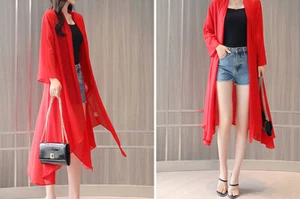 Cardigan donna chiffon anteriore aperto camicetta top kimono leggero copertura sciolta - Foto 1 di 5