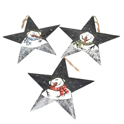 Juego de 3 adornos de estrella de hojalata colgante de 8" muñeco de nieve vacaciones de Navidad Foto 1 de 4
