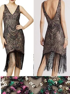 1920s Black W/Multi-Colored Sequins Beaded Great Gatsby Dress Size S - Imagen 1 de 6