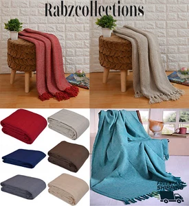 Large Soft Woven Cotton WaffleThrow Sofa Chair Bed Blanket With Tasseled Edging - Picture 1 of 103