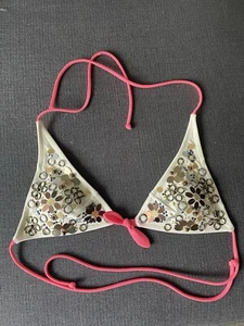 Victoria’s Secret Gold Metal Beaded Triangle white & Pink Bikini Top Size Small - Picture 1 of 11