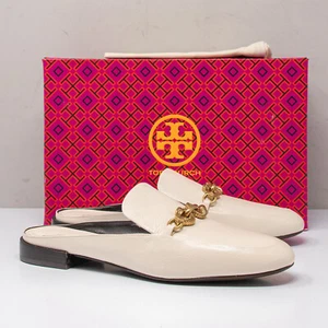 Tory Burch Jessa Backless Horse Head Buckle Cream Leather Loafers, Size 9 - Picture 1 of 8
