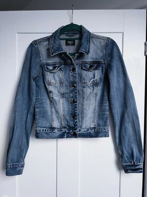 SOLO Chaqueta Vaquera Corta Azul Medio Antiguada para Damas EU36/UK8 100% Algodón Foto 1 de 4