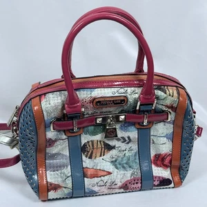 Nicole Lee USA Feather Print Satchel Handbag Purse Top Handle Crossbody - Picture 1 of 14