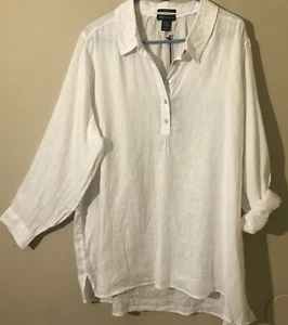 JNY Jones New York 100%Linen Top High/Low Tunic Roll Up Sleeve White Plus Sz 1X - Picture 1 of 6
