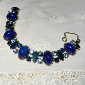 EXQUISITE VTG Schiaparelli ?? RHINESTONE & Natural Stone 7" Bracelet BLUE Shades - Picture 1 of 14