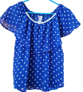 Girls Justice blouse polka dot sheer layered 16 summer ruffle Blue White EUC - Picture 1 of 5