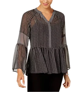 STYLE & CO Womens L Black Striped Semi Sheer Flowy Chiffon Top Peplum Boho Beach - Picture 1 of 7