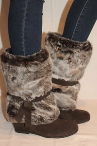 NEW! BCBGENERATION Brown Suede Faux Mink Fur FREESIA Wedge Boots Sz 9.5 $300 - Picture 1 of 8