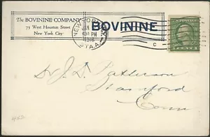 12 de enero de 1916 Bovinine Co Food Tonic postal publicitaria Nueva York a Stamford CT Scott 452 - Imagen 1 de 2