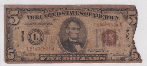 $5 1934-A Hawaii Federal Reserve Note San Fran L-A Brown Seal L54406504A Cover