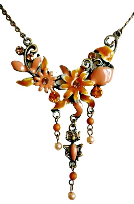 super Strass Kette Collier Emaille Anhänger Schmuck apricot + gold NEU - Bild 1 von 3