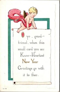 New Year Greeting Embossed Cupid Postcard - Picture 1 of 2