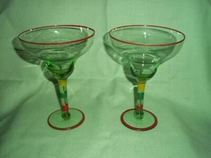 2 Margarita 10 oz. glasses, Yellow, Green and Red stripes Blown Glass - Picture 1 of 4