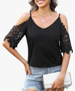 Women Summer Short Sleeve Shirt Lace Short Sleeve Cut Out Blouse Cold Sz Small - Picture 1 of 2