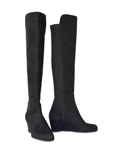 E0 Auth STUART WEITZMAN Semi Black Suede Over The Knee Wedge Boots Size 8 M $645 - Picture 1 of 11