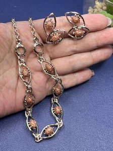 Vintage rose gold tone goldstone necklace/clip earrings set - Picture 1 of 9