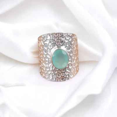 Anel feminino de pedra preciosa natural calcedônia aquática prata esterlina 925 fofo presente - Imagem 1 de 4
