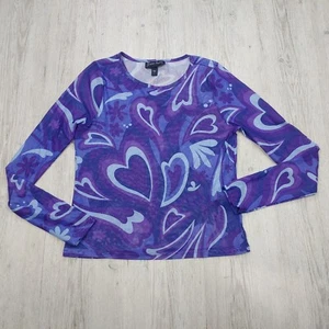 Neon Hart Women’s Purple Heart Swirl Mesh Long Sleeve Sheer Top Size L Y2K Style - Picture 1 of 8
