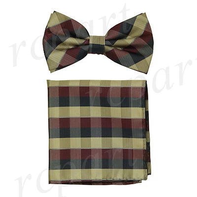 Nuevo Para Hombre Microfibra Pre-atado Pajarita y Pañuelo Borgoña Azul Marino Cuadros Formal  Foto 1 de 4