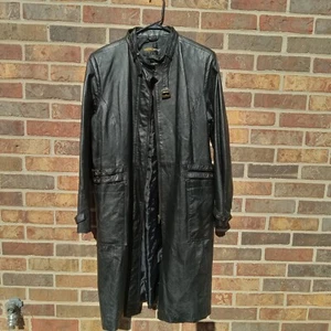 Vtg 90s Metro Style Sz L Black Leather Long Trench Coat Punk Rock Belt Accent - Picture 1 of 11