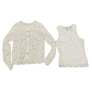California Style Womens 2 Piece Blouse Sleeveless Ivory Lace Size Small Cardigan - Picture 1 of 14
