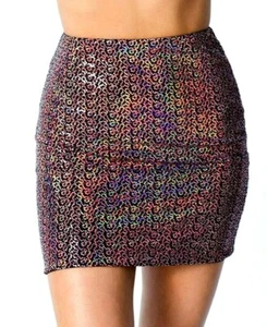 LUX LA Women High Waist Multicolor Sequin Flat Front Mini Pencil Skirt Sz Small - Picture 1 of 9