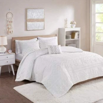 Intelligent Design - Whitney Solid Clipped Jacquard Duvet Cover Set - White - Image 1 of 4