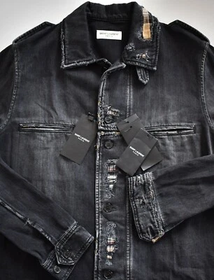 Nueva Camisa SAINT LAURENT Negra Denim ANGUSTIADA MILITAR Chaqueta Ligera S Foto 1 de 4