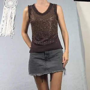 Y2K Beaded Top Womens M Brown Mesh Beads Sequin Embellished Ruffle Vintage - Picture 1 of 15