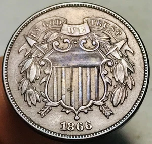1866 Two Cent Piece 2C FULL MOTTO Choice Civil War Era US Copper Coin CC28219 - Picture 1 of 6