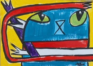 ACEO Abstract Cat Painting Collectible Face Signed Folk Art By Samantha McLean - Picture 1 of 1
