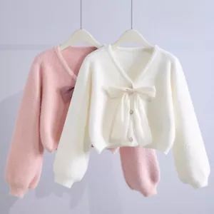 Lady Faux Fur Cardigan Preppy Fluffy Furry Bowknot Button Soft Sweet Cute Winter - Picture 1 of 13