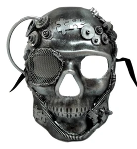 Steampunk Skull Brushed Silver Halloween Masquerade Mask - Picture 1 of 3