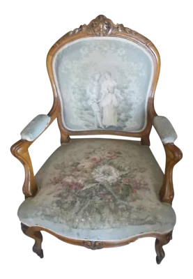 Antique Walnut French  Chair Original Tapestry Light Wood Fabric 1800-1899 - Image 1 of 4