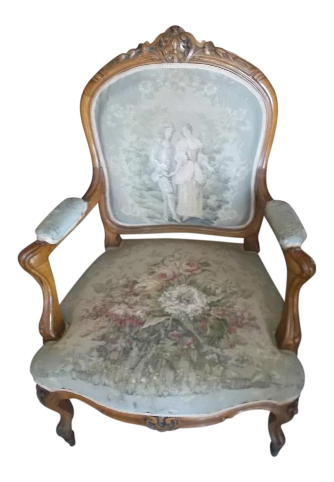 Silla Francesa Antigua Nogal Original Tapiz Madera Clara Tela 1800-1899 Foto 1 de 4