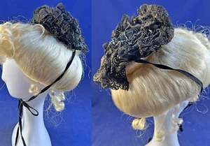 Victorian Black Velvet Jet Beaded Lace Ruffle Trim Petite Hat Evening Bonnet VTG - Picture 1 of 3