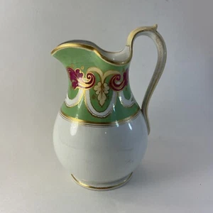 Antiker weißer Eisenstein Krug grün rosa gold handbemalt B & Blumenspuren - Bild 1 von 17