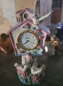 Vintage "Time Avenue" Bird House Mini Clock pink roses & white doves