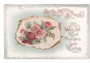 Deseos amorosos en tu cumpleaños - flores - postal vintage en relieve - Imagen 1 de 1