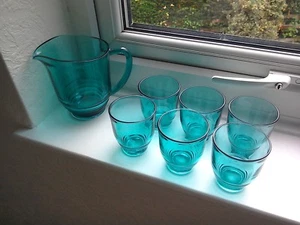 Vintage/retro blue glass lemonade set Jug & 6 Glasses - Picture 1 of 8