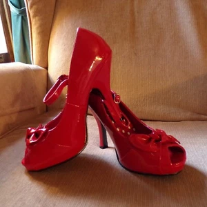 Red Patent Leather High Heel Peep-Toe Pumps w/Bow, Pin Up Couture, sz 6 1/2, 7 - Picture 1 of 14