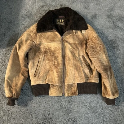 Vintage Robert Lewis Tan Brown Suede Shearling Bomber Jacket Sz 44 - Image 1 of 4