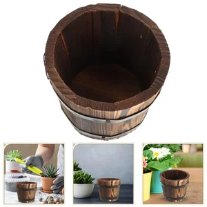 Flat Mouth Planter Wooden Round Barrel Flower Pot Brown Home Office Garden Decor - Picture 1 of 12
