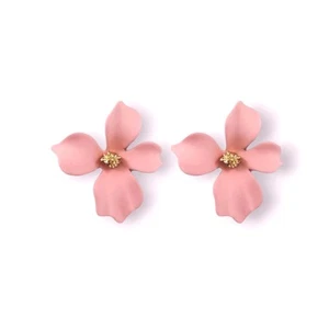 Korean Flower Earrings Resin Four Petals Gold Bud Lightweight Stud - Picture 1 of 3