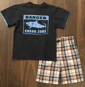 C8 Crazy Gymboree DANGE SHARK ZONE ALERT Sea Tee Shirt Plaid Shorts Top  M 7-8 - Picture 1 of 1