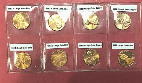 1982 P D S LINCOLN CENT 8 COIN SET COPPER/ZINC LARGE & SMALL DATES BU+PROOF Cover