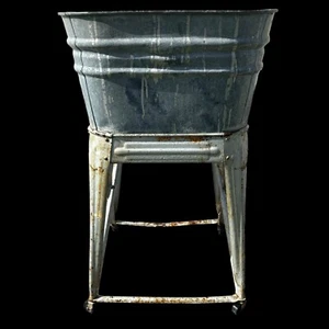 Vintage Basin Farm Wash Tub Wheeling Stand Galvanized Metal Stand Drain Planter - Picture 1 of 18
