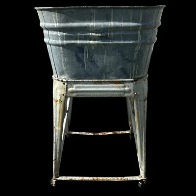 Vintage Basin Farm Wash Tub Wheeling Stand Galvanized Metal Stand Drain Planter - Image 1 of 4
