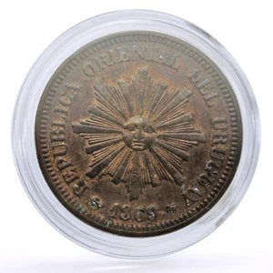 Uruguay 2 centesimos Oriental Regular Coinage Sun Paris Mint bronze coin 1869 - Picture 1 of 2